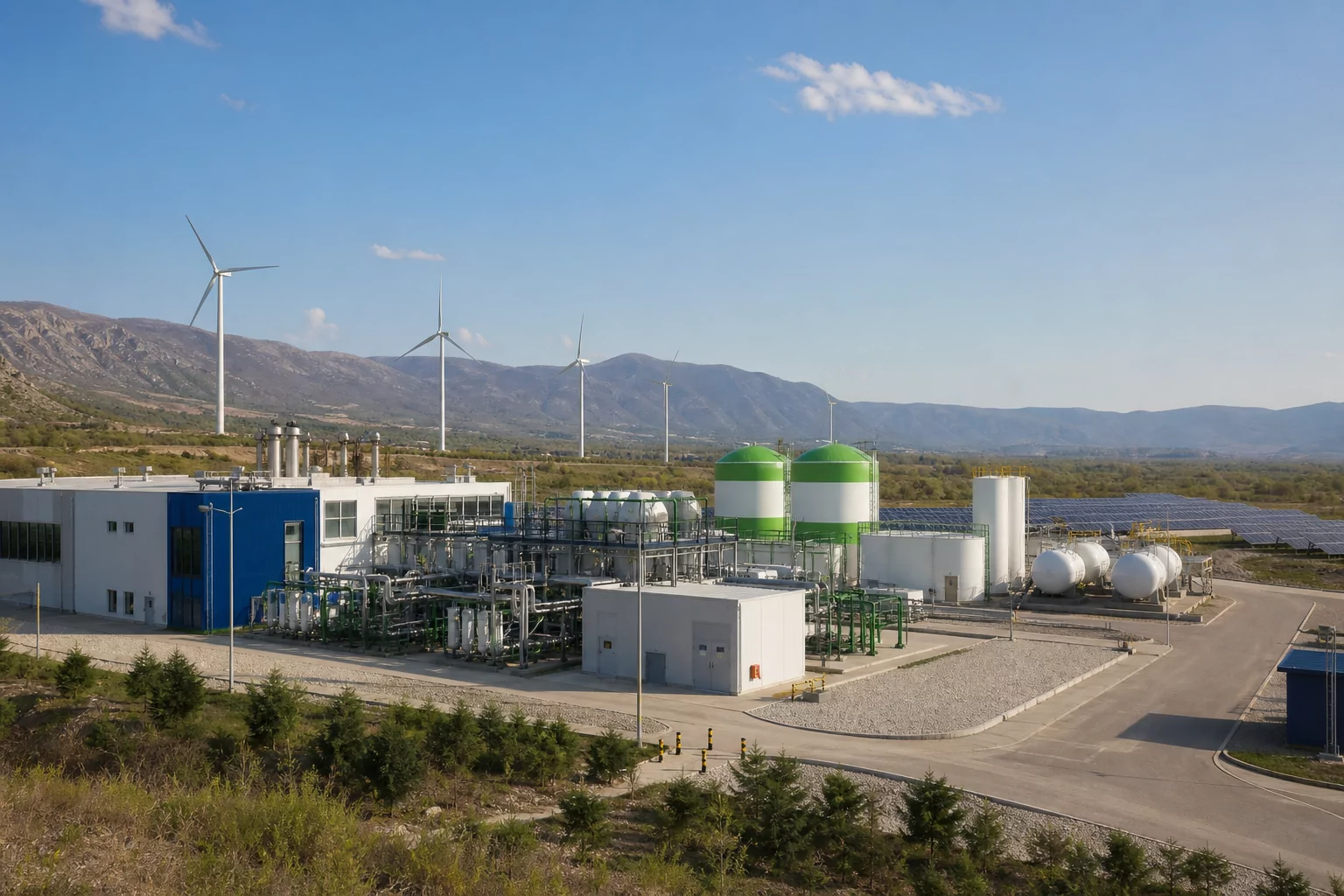 Representação de uma infraestrutura de hidrogênio verde com energia eólica e solar